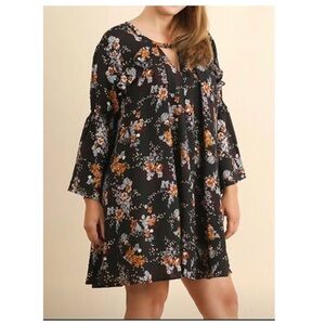 Umgee Boho Cottagecore Black Floral Button Close Keyhole Swing Dress Tunic | 2XL
